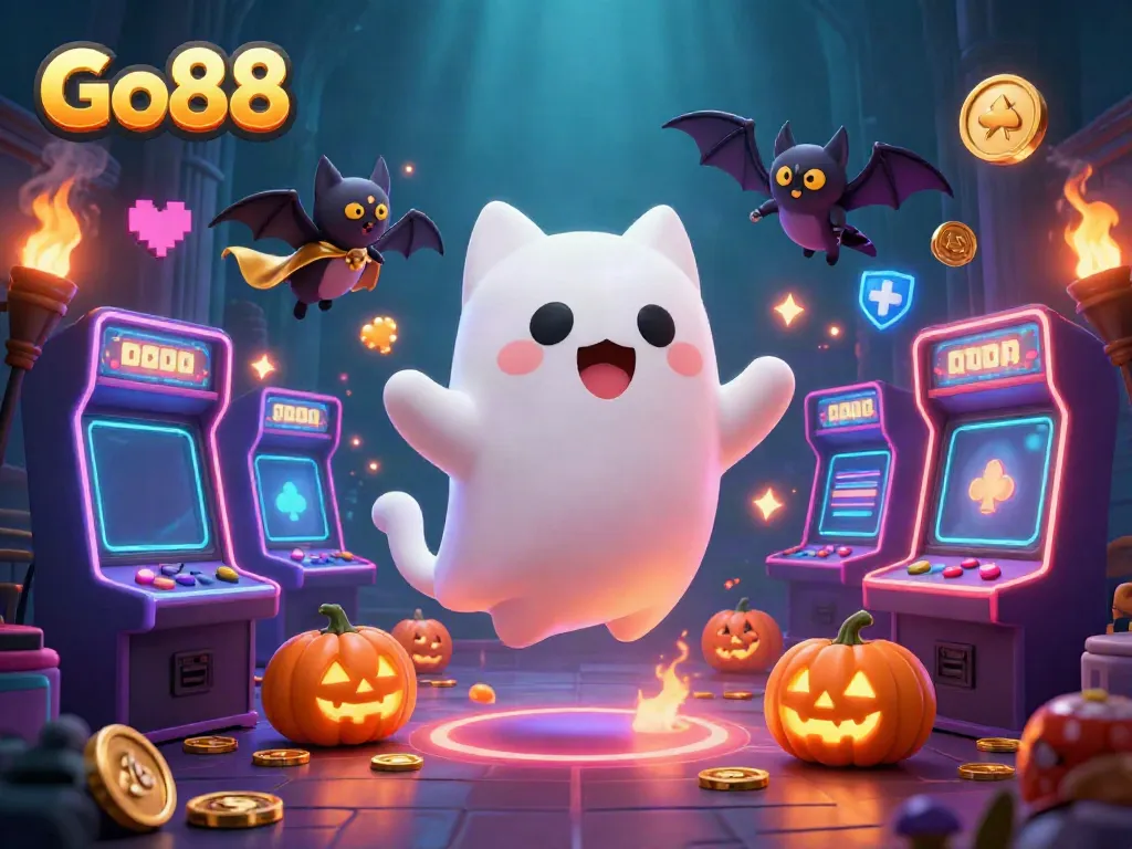 Engage in thrilling games at Go88 with a dynamic casino scene featuring 3D ghost cat and vibrant arcade elements.