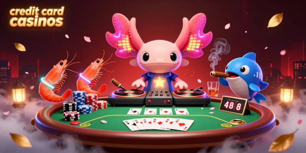 Engaging scene celebrating credit card casinos with cartoon characters, poker elements, and a vibrant party atmosphere.