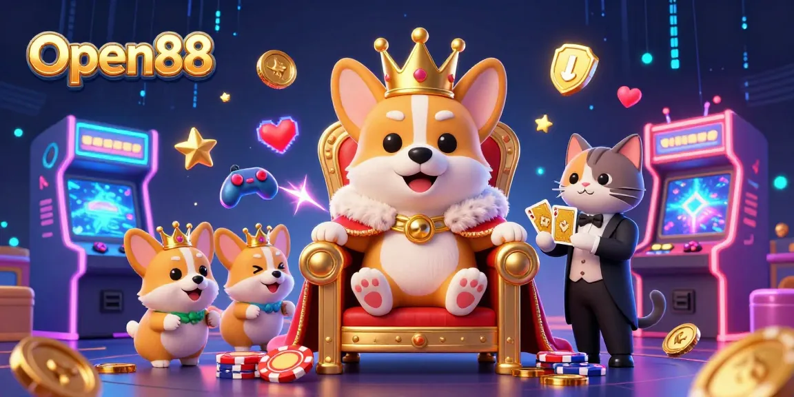 Open88 showcases a dynamic casino scene with a royal corgi on poker chips, enhancing online gambling excitement.