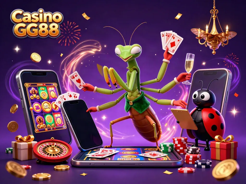 Experience the thrill at Casino GG88 with vibrant characters and casino games illustrated in a colorful 3D scene.