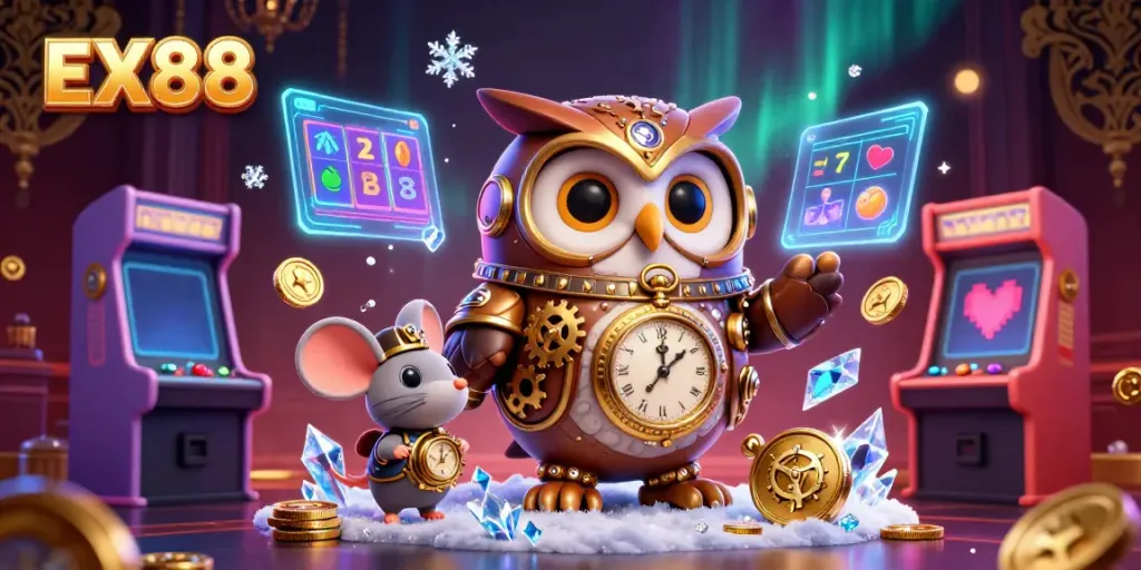 Engage in thrilling EX88 casino experiences with a whimsical owl and mouse in a vibrant gaming scene.