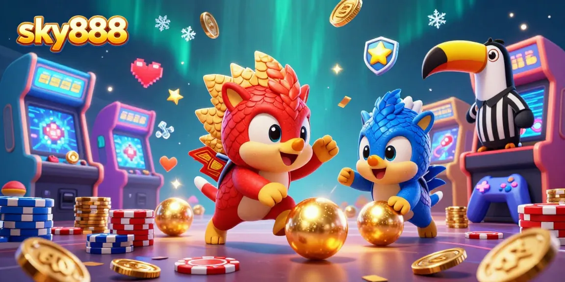 Engage with the exciting sky888 casino gaming scene featuring rival pangolins and vibrant arcade elements.