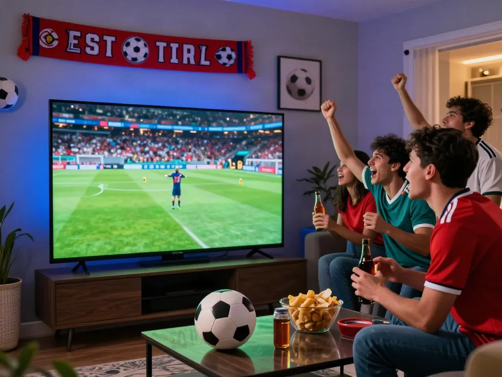 Excited football fan watching xoilactv live match with friends in a cozy living room.