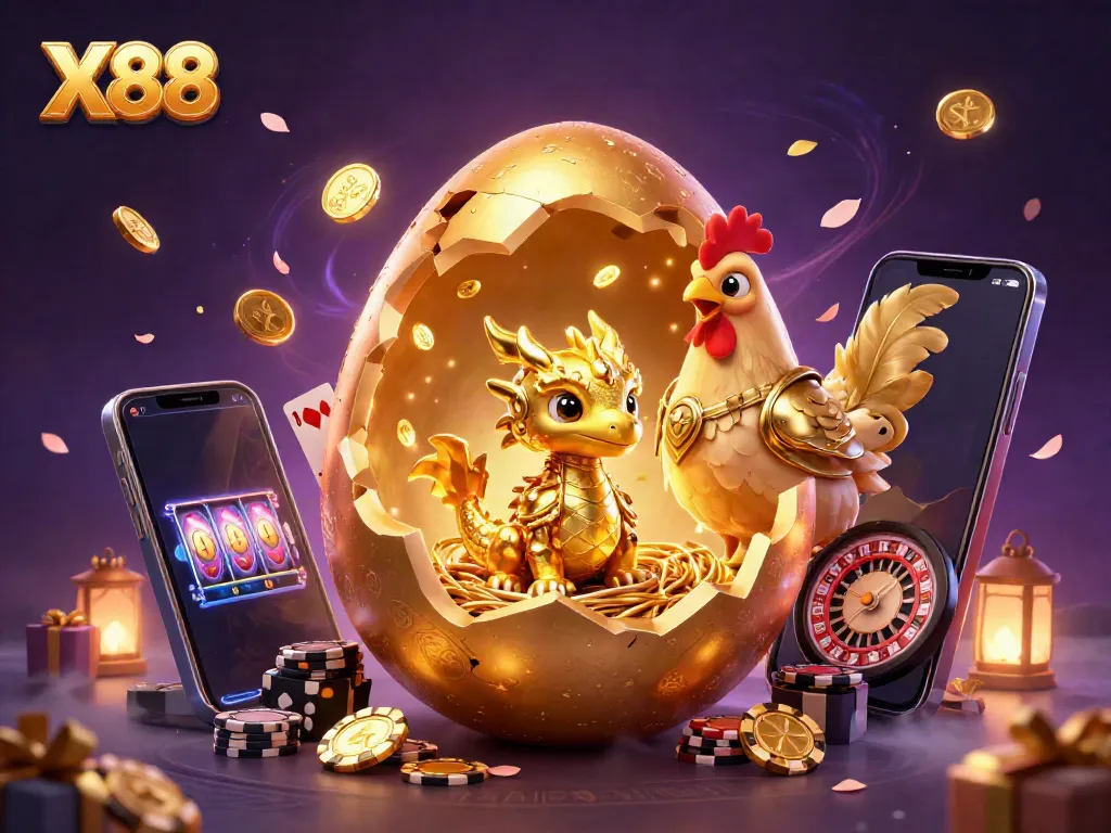 X88-themed vibrant 3D casino illustration showcasing a golden egg, dragon, and gaming elements