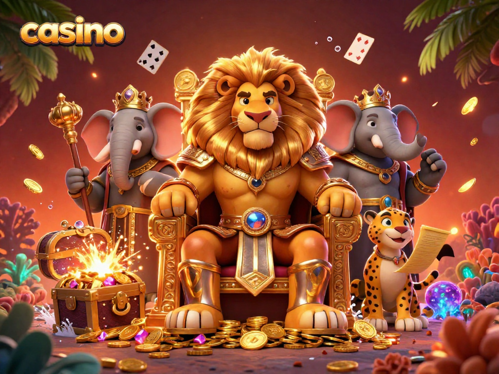 Experience the thrill of the casino with a vibrant 3D illustration showcasing a lion king, advisor, and messenger amidst dynamic treasures.