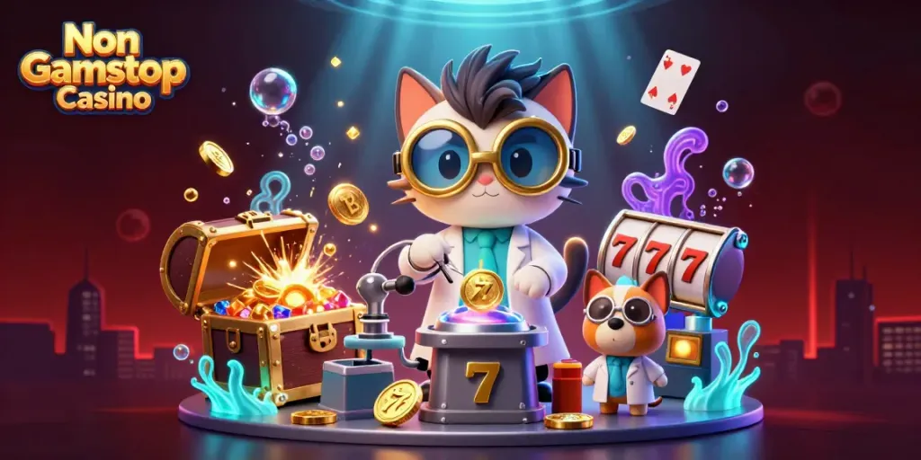 Experience 3D fun at Non Gamstop Casino with a mad scientist cat and treasures exploding.