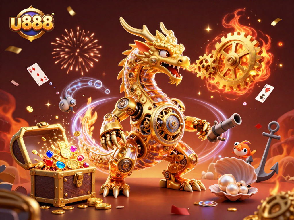 Experience the excitement of u888 with a golden dragon amidst dazzling casino-themed treasures.