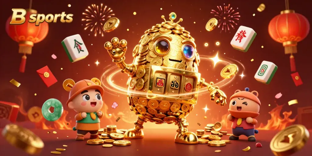 Engage with B sports through high-energy visuals showcasing a golden golem surrounded by vibrant casino elements.