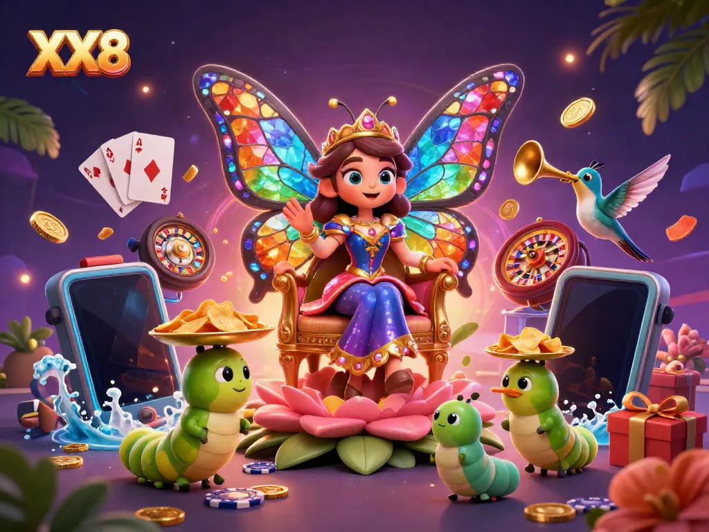 Enjoy vibrant casino adventures with the XX8 butterfly queen and her colorful gaming companions.