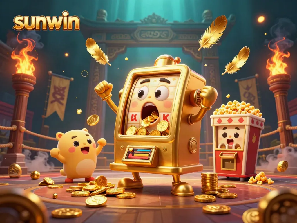 Experience the thrill of sunwin with a golden slot machine celebrating its jackpot in a vibrant casino scene.