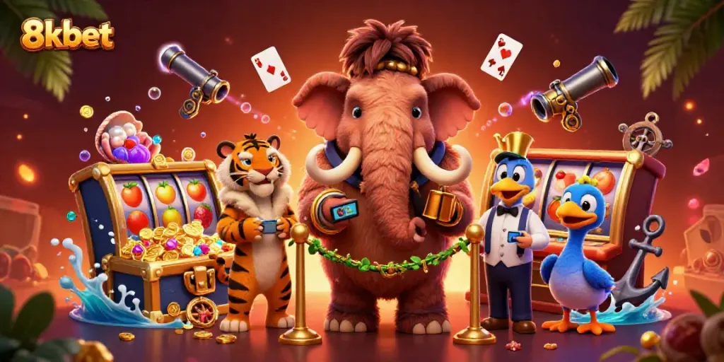 Experience exciting moments at 8xbet with a vibrant casino bouncer scene featuring slot games and more!