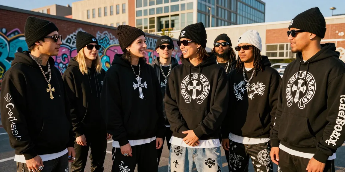 Chrome Hearts fashion scene with stylish individuals showcasing hoodies, sunglasses, and edgy accessories in an urban setting.
