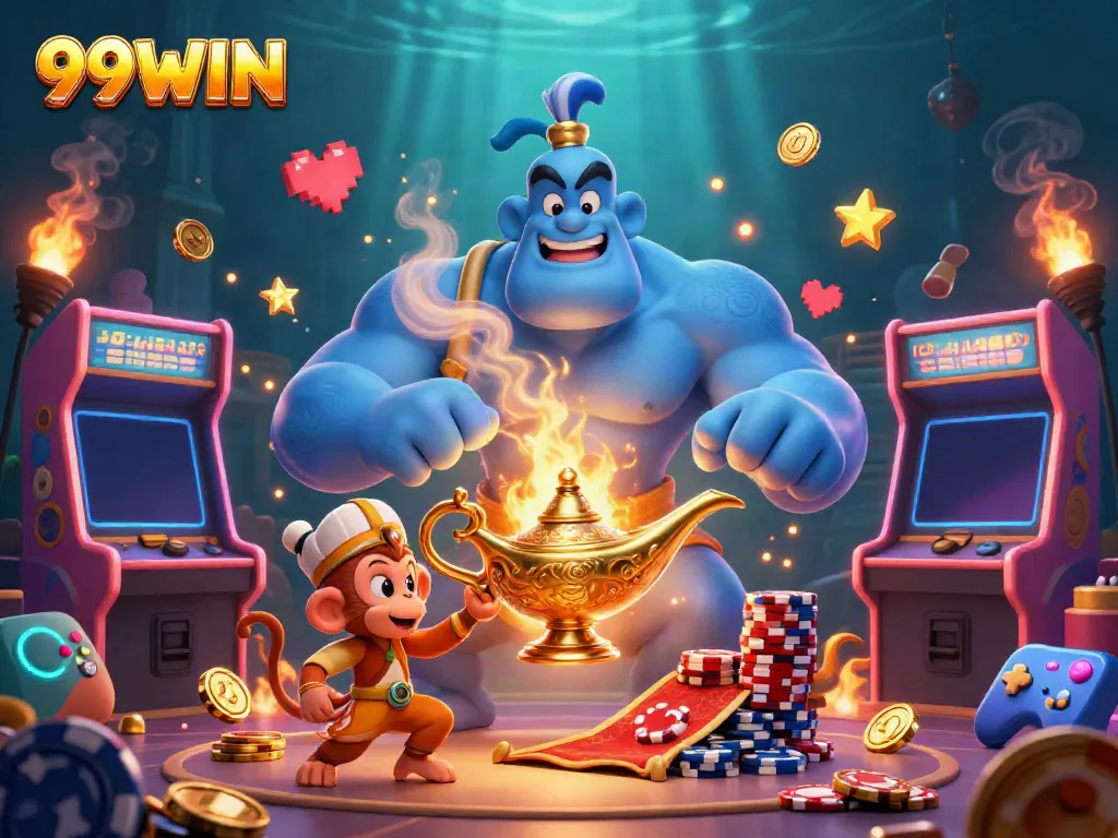 Experience the excitement of 99WIN with a genie bursting from a lamp, surrounded by poker chips and gaming elements.