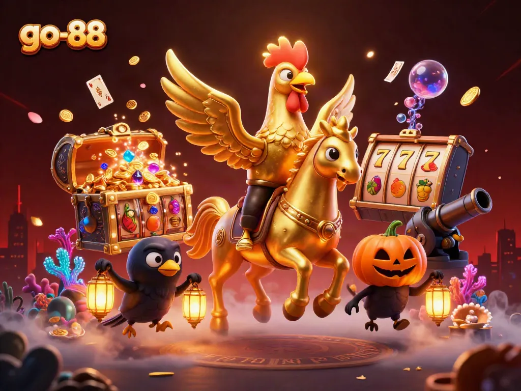 Engage in go-88's vibrant casino scene with a golden rooster, treasure, and glowing cards.