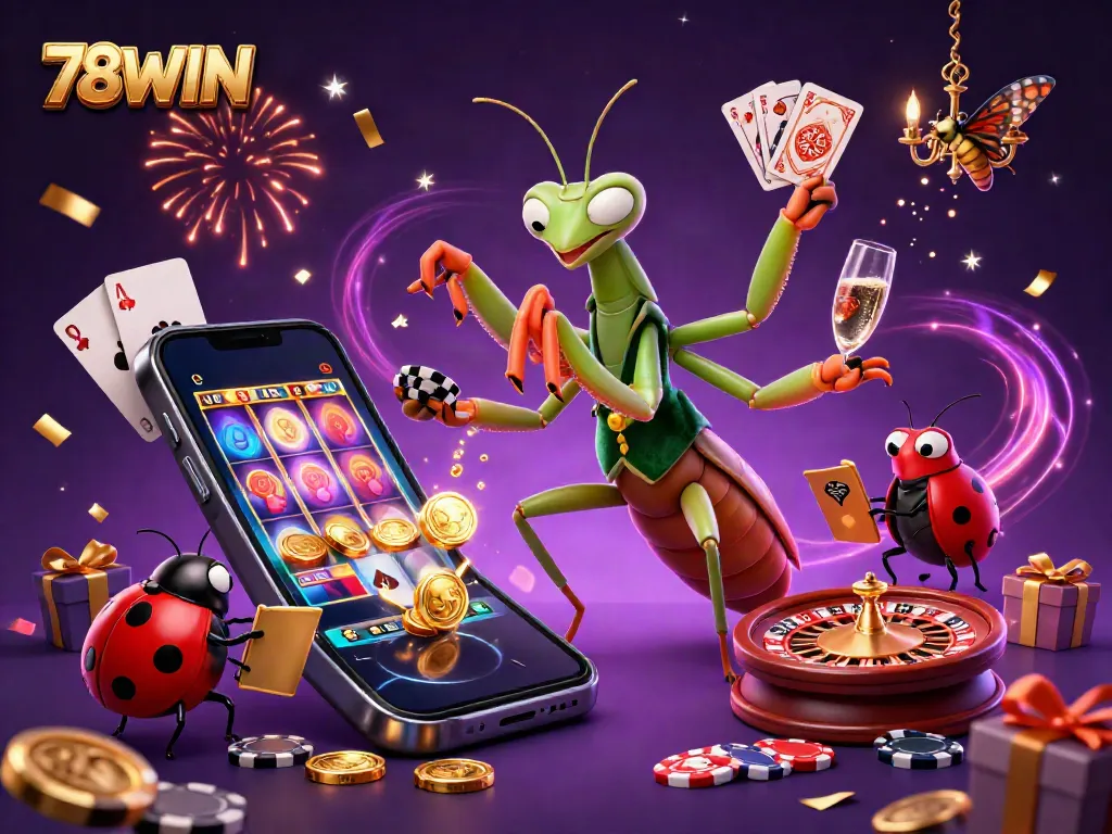 Engage with the vibrant casino world of 78WIN featuring a colorful scene with a mantis dealer and ladybug boss, celebrating winning moments.