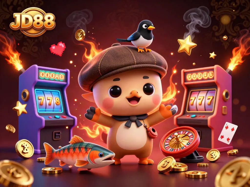 Engage with JD88's vibrant slots and live games, featuring cartoons and colorful arcade elements.
