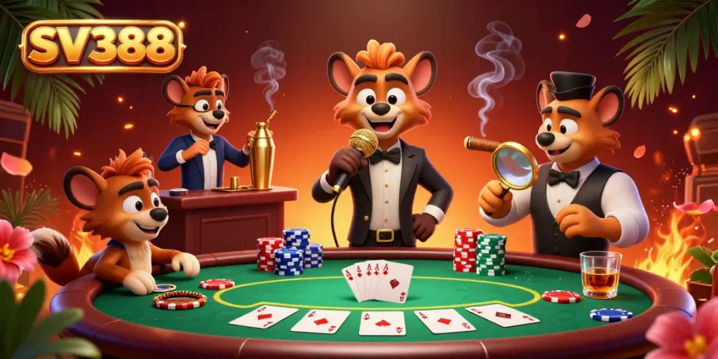 Engage with SV388's vibrant casino scene featuring hyenas in a comedy club setting with poker elements.