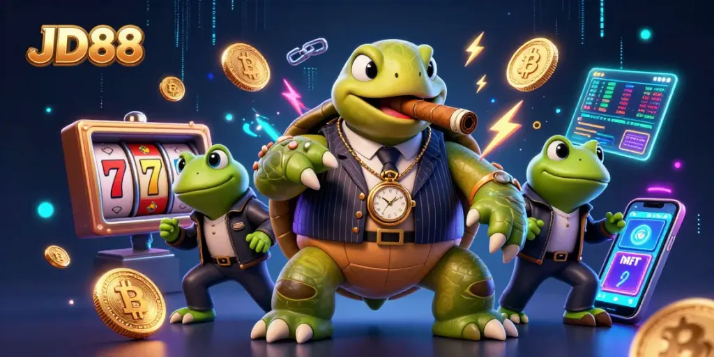 JD88 Casino scene with a snapping turtle mobster, slot reels, and cryptocurrency elements