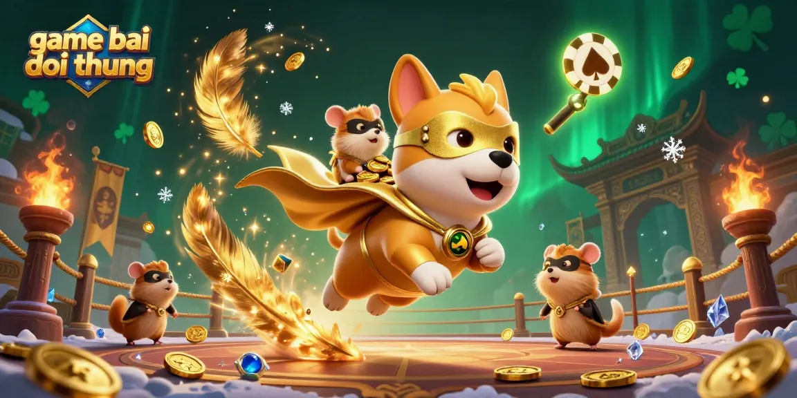 Experience the thrill of game bai doi thuong with a superhero dog and sidekick amid dynamic casino elements.