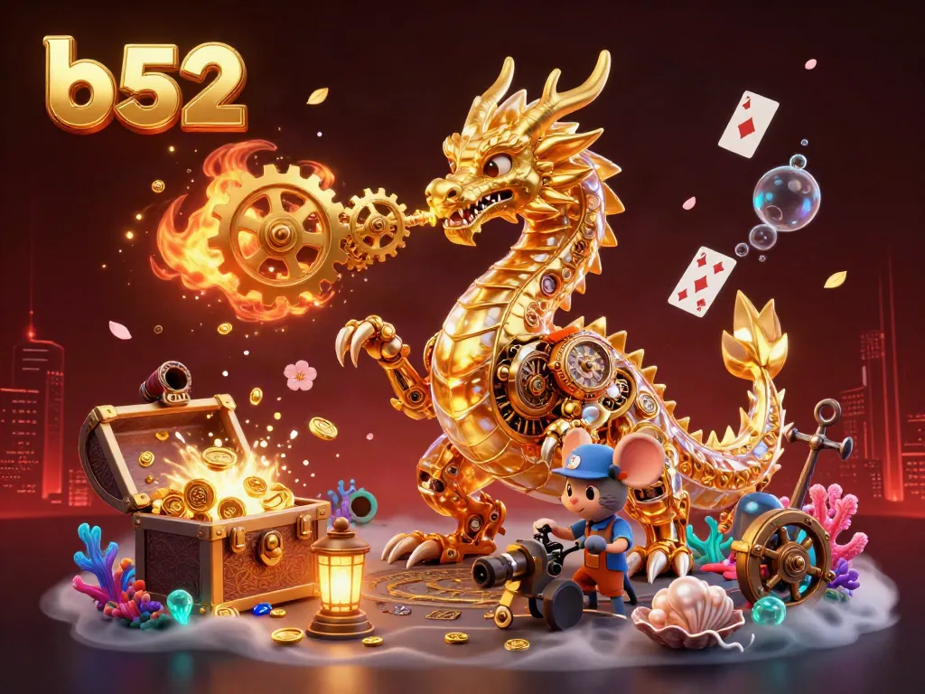 Engage in thrilling b52 gameplay with a mechanical dragon and treasure filled scene for ultimate casino adventure.