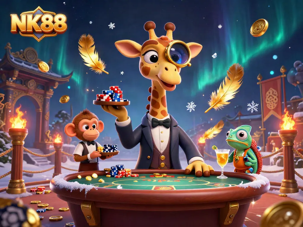 Experience the thrill of NK88 with a vibrant casino scene featuring characters in dynamic action.