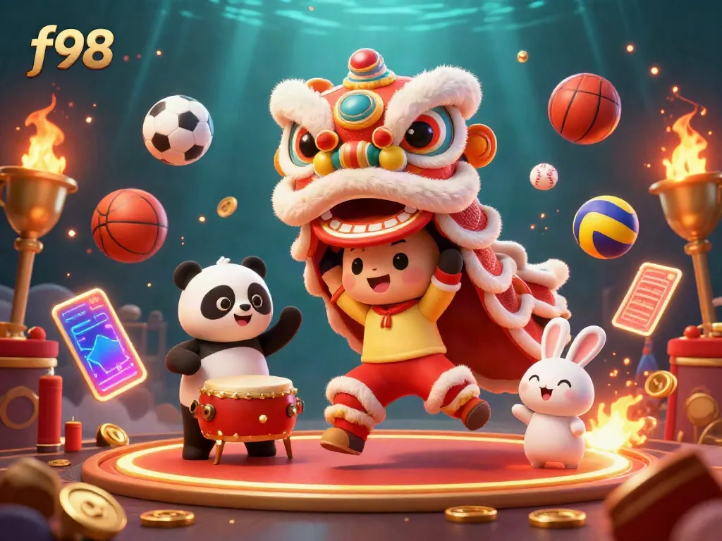 Experience the excitement of f98 with a vibrant casino-themed illustration featuring a lion dance and sports elements.
