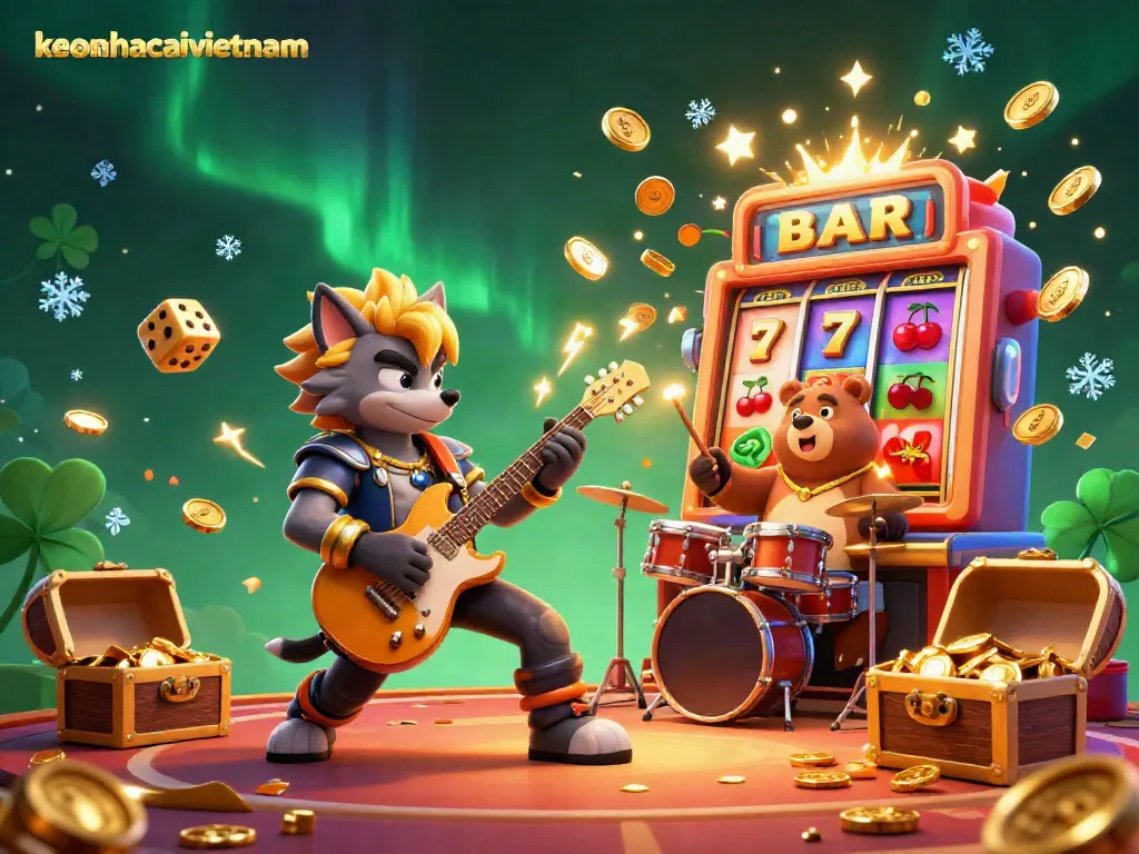 Experience the excitement of keonhacaivietnam with a cartoon wolf rocking out on stage amidst a vibrant casino.