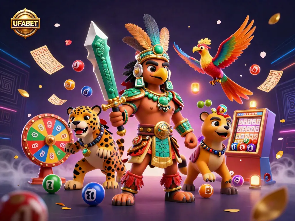 Engage with UFABET's vibrant online gaming, featuring colorful lottery balls and a dynamic casino scene.