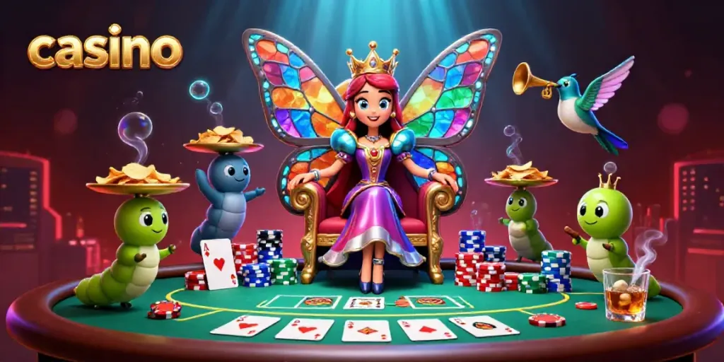 Engaging casino illustration showcasing a butterfly queen surrounded by poker elements and vibrant colors.
