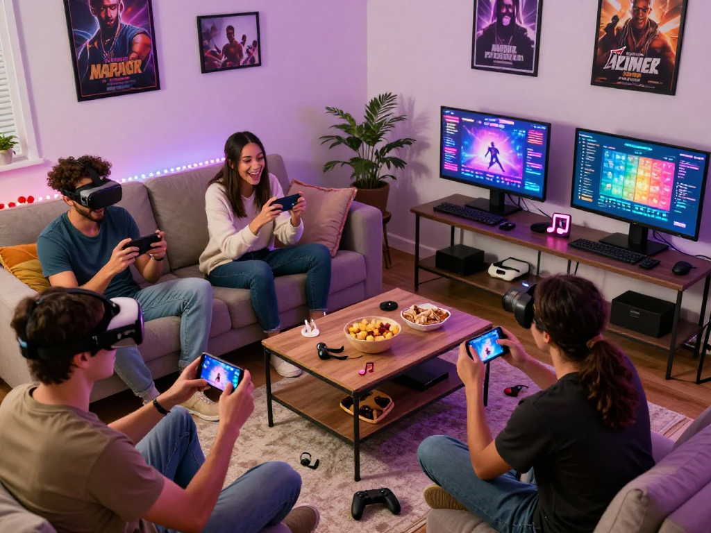 Players enjoying sex games in a lively living room atmosphere, showcasing interactive gaming experiences.