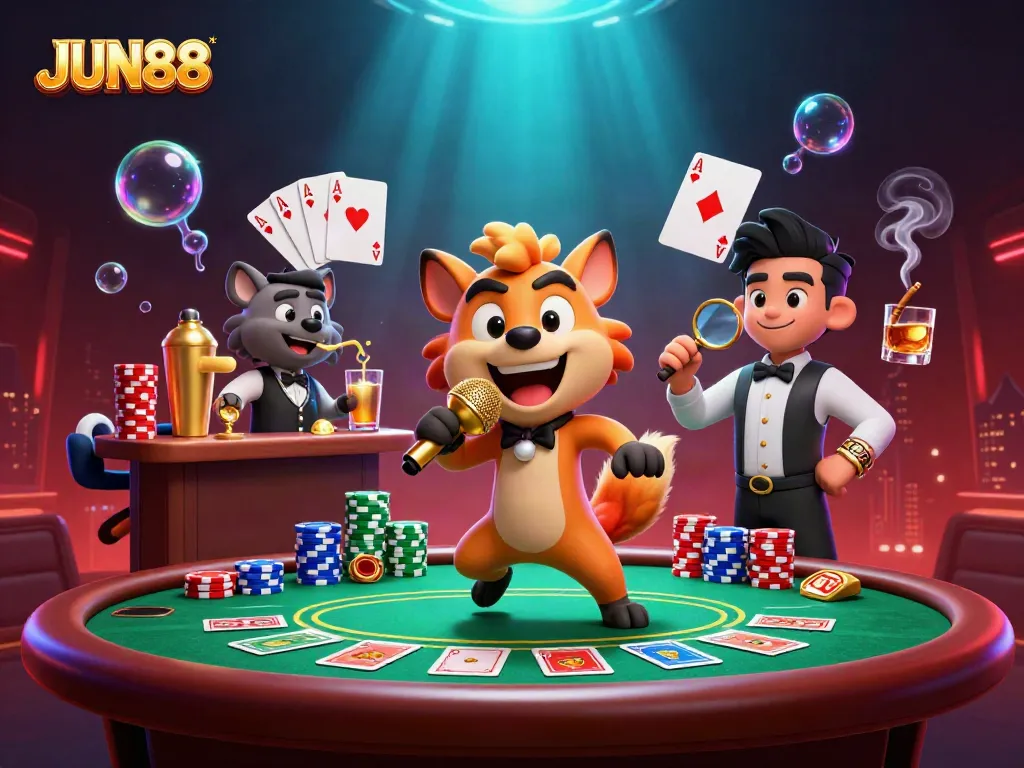 Experience the excitement of JUN88 at a vibrant casino club with hyenas, poker elements, and a lively atmosphere.