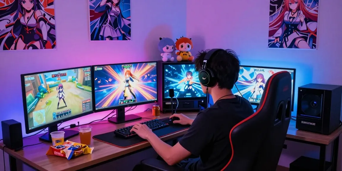Gamer enjoying online ecchi games in a vibrant, cozy gaming nook with colorful LED lights.