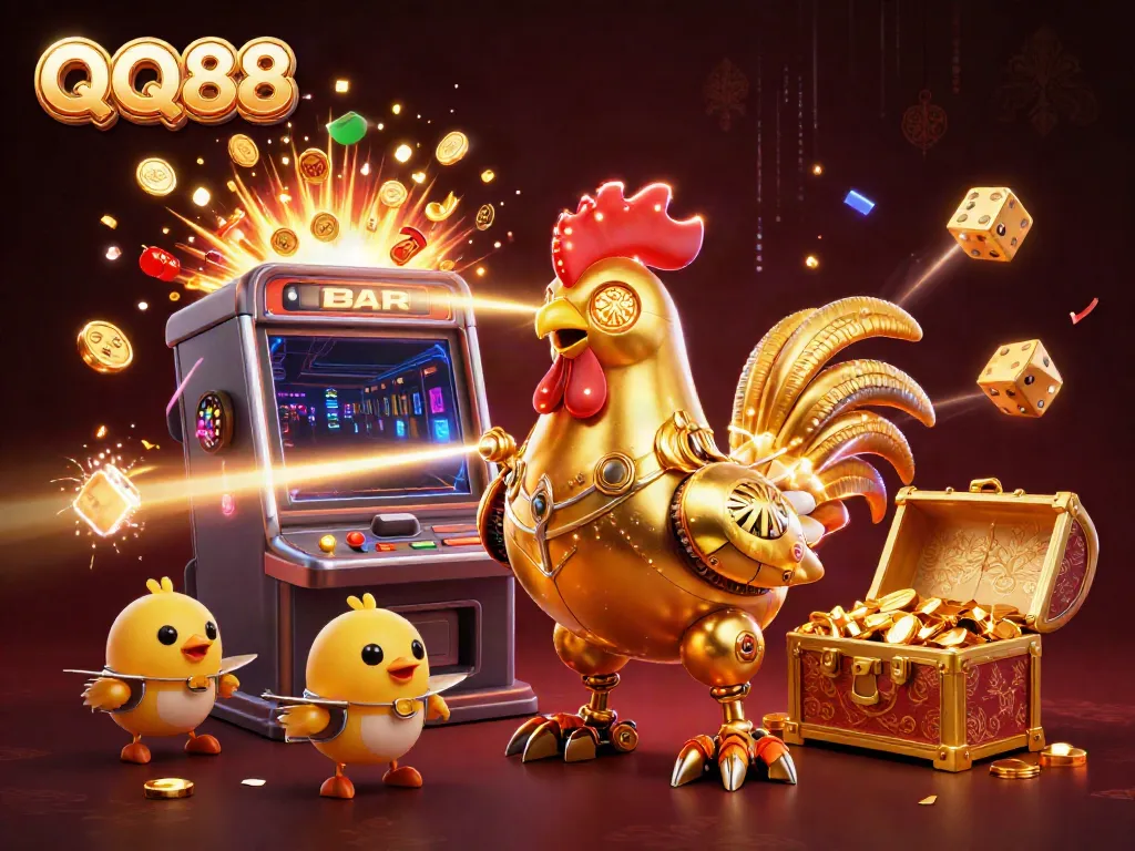 Experience the excitement of QQ88 with a vibrant 3D illustration of the golden rooster robot and casino elements.