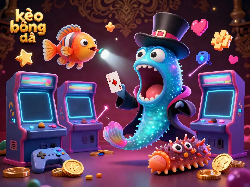 Engage in kèo bóng đá with an imaginative scene showcasing a bioluminescent eel magician amidst arcade games and dynamic casino elements.