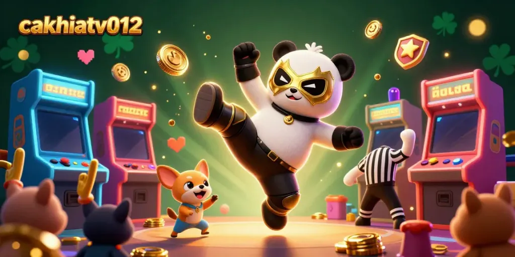 Experience the vibrant energy of cakhiatv012 with a lively casino-themed illustration showcasing a panda and chihuahua.