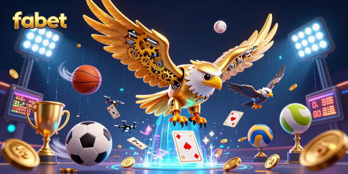 Engage with fabet's vibrant 3D illustration showcasing energetic sports betting with a golden eagle amidst flying sports elements.