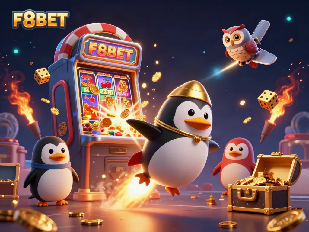 Experience F8BET's vibrant casino adventures with a golden penguin and jackpot excitement!