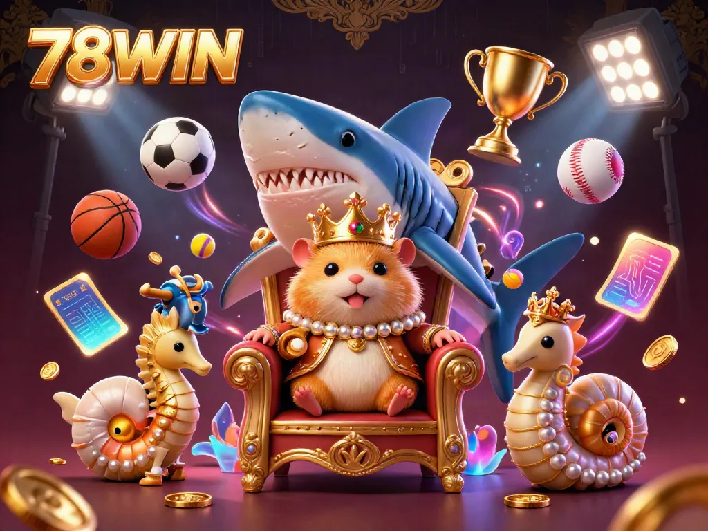 Experience the excitement of 78WIN with a cinematic 3D illustration featuring a golden hamster king and vibrant sports elements.
