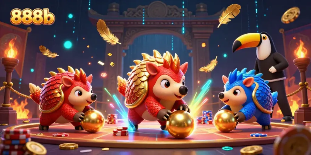 Engage with thrilling action at 888b as pangolins compete in a vibrant casino scene.