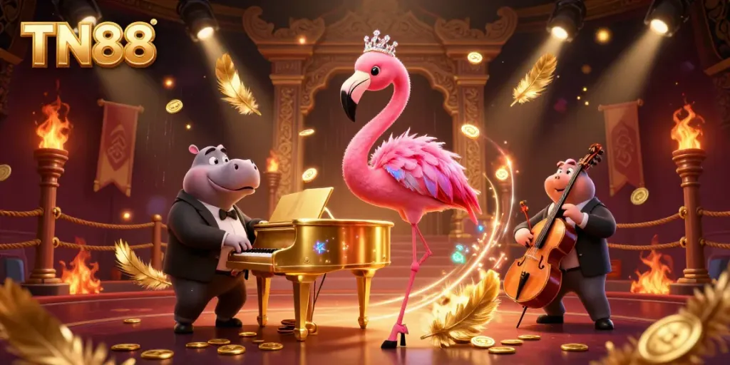 Experience the excitement of TN88 in a vibrant casino scene with lively characters and shimmering coins.