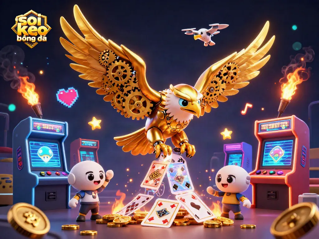 Soi kèo bóng đá scene featuring a golden eagle and arcade game elements creating a vibrant betting atmosphere.