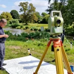 Topographical Land Surveys Sussex team measuring land features with precision tools in natural setting.