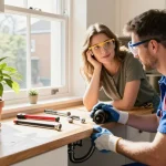 Blocked drain London repair scene with professional plumber fixing a kitchen drain, tools and plants visible, welcoming home environment.