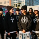 Chrome Hearts fashion scene with stylish individuals showcasing hoodies, sunglasses, and edgy accessories in an urban setting.